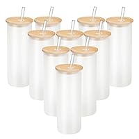 10 Pack Sublimation Straight Glass Skinny Blanks Tumblers 20oz Frosted Glass Tumbler with Bamboo Lid and Glass Straw Tumbler Cups for Tumbler Heat Press