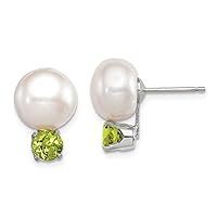 925 Sterling Silver Polished Post Earrings 10 11mm Freshwater Cultured Button Pearl With Peridot Earrings Measures 16x11mm Wi Jewelry Gifts for Women