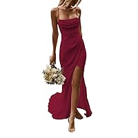 Lawrncedw Spaghetti Straps Prom Dresses Long Silk Satin Bridesmaid Dress Cowl Neck Slit Formal Evening Party Gown with Train