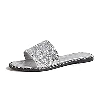 Women's Open Toe Flat Sandals Rhinestone Glitter On Casual Fashion Slippers Quick Drying Indoor & Outdoor Slides