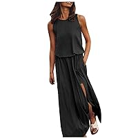 Womens 2023 Fashion Round Neck Dresses Solid Suspender Vest A-Line Summer Beach Dress Large Casual Long Dress