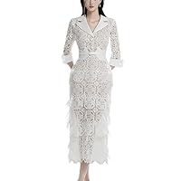 2024 Spring Womens Floral Embroidered White Collared V Neck Sexy Cutout 3/4 Raglan Sleeve Goddess Midi Tasseled Shirt Dress