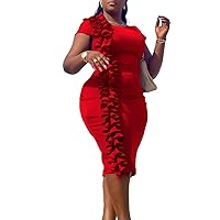 Women's Elegant Ruffle Bodycon Pencil Dress Round Neck Cap Sleeve Solid Office Work Midi Dress Summer Business Wear
