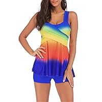 Womens Color Block Rainbow Printed Tankini Swimdress with Boyshort Two Piece Bathing Suit Swimwear