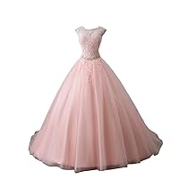 Mollybridal Sheer Neck Ball Gown Bateau Prom Quinceanera Dresses with Sleeves Crystal Keyhole Back2023