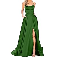Women's Sling Summer Dresses Spring Backless Cocktail Solid Spaghetti Strap Satin Maxi Long Split Vacation Y2K