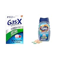 Gas-X Extra Strength Chewable Gas Relief Tablets 72 Count & TUMS Smoothies Extra Strength Antacid Chewable Tablets 60 Count Fruit Flavor Heartburn Relief