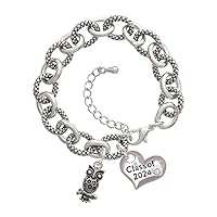 Silvertone Antiqued Owl with Clear Crystal Eyes - Class of 2024 Heart Charm Link Bracelet, 7.25+1.25