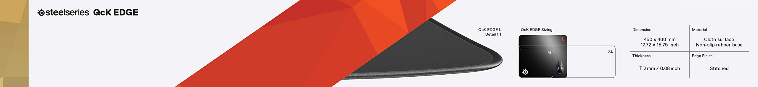 SteelSeries QcK Edge - Cloth Gaming Mouse Pad - stitched edge to prevent wear and tear - optimized for gaming sensors - size L