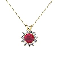 Ruby & Natural Diamond (SI2-I1, G-H) Floral Halo Pendant 1.28 ctw 14K Yellow Gold 14K Gold Chain.