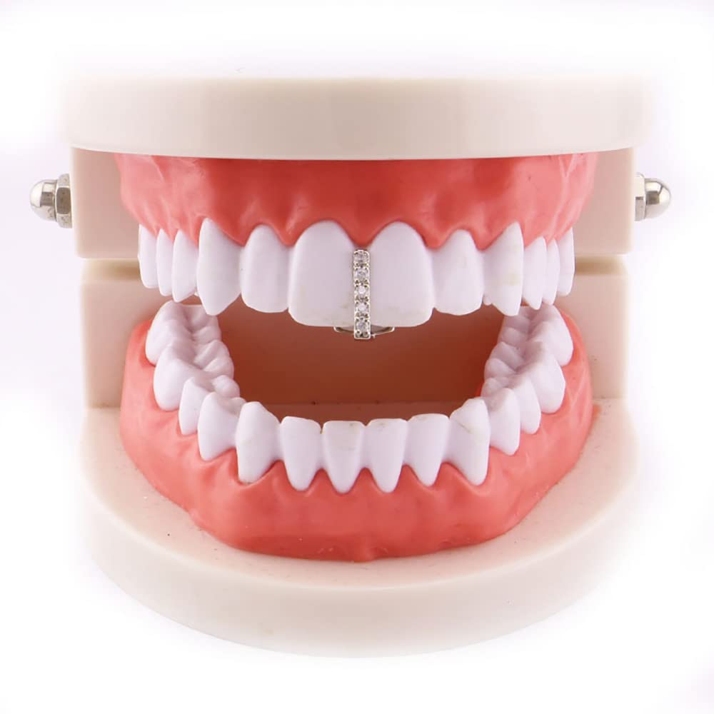 Retzjorv 2 Pcs 18K Gold Plated Hip Hop Teeth Grillz Caps Iced Out CZ Gap Grillz Single Tooth Top or Bottom Grills for Your Teeth Grillz Set for Men Women