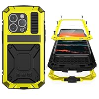 Compatible with iPhone 15 Plus Metal Case with Screen Protector Camera Protector Military Rugged Heavy Duty Shockproof Case with Metal Kickstand Full Body Tough Dustproof Case(Yellow)