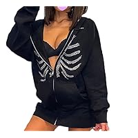 Multitrust Women Long Sleeve Zip Up Hoodie Jacket Skull Vintage Casual Cardigan Sweatshirt with Pocket