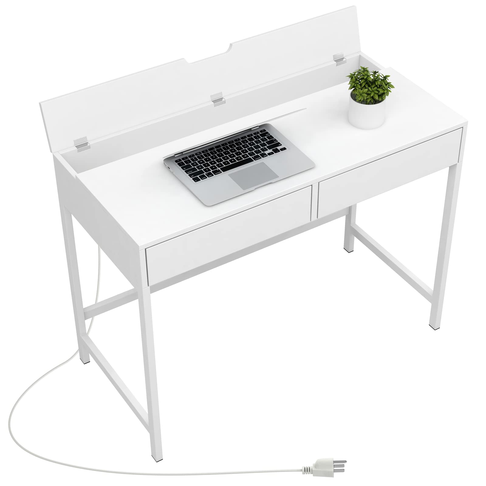 Treocho Computer Desk 39.4" Study Writing Table with USB for Home Office, White Metal Frame