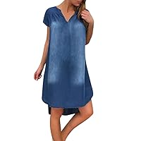 Women's Print Casual Loose-Fitting Summer Flowy Short Sleeve Knee Length Beach Swing V-Neck Trendy Glamorous Dress Blue