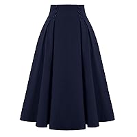 Women's Pleated Swing Skirts Button High Waist A-Line Skirt Solid Color Loose Flowy Long Skirts Women Elegant Cocktail Skirt