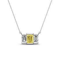 Emerald Cut (6x4 mm) Yellow Sapphire & Natural Diamond 1 3/8 ctw Women Three Stone Pendant Necklace 14K Gold