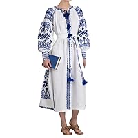 Women Linen Cotton Shirt Dress Lantern Sleeve Autumn Embroidery Casual Up Neck Vacation Folk