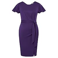 Hanna Nikole Womens Plus Size Work Pencil Dress Ruffle Sleeve Wedding Guest Office Cocktail Party Dresses with Tie Waist