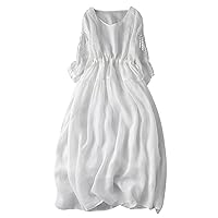 Women Hollow Out Flower 3/4 Sleeve Cotton Linen Dress Lace-Up Waist-Defined Crewneck Casual Loose Solid A-Line Dress