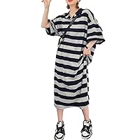 Summer Oversize Striped Tshirt Dress Collar Button Short Sleeve Casual Style Youth Robe