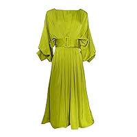 Women's Dress Slash Neck Loose Belt Waist Half Batwing Sleeve Mid-Calf Pleated Dresses Summer