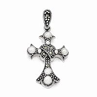 925 Sterling Silver Marcasite and Freshwater Cultured Pearl Religious Faith Cross Pendant Necklace Measures 35.4x18.5mm Wide Jewelry Gifts for Women