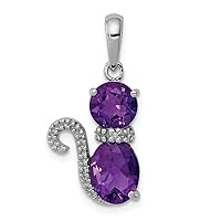 925 Sterling Silver Polished Open back Amethyst and Diamond Cat Pendant Necklace Jewelry for Women