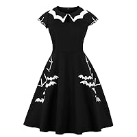 Wellwits Women's Plus Size Bat Spider Web Embroidery Halloween Vintage Dress