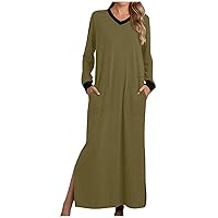 Women's Nightgown V-Neck Loungewear Long Sleeve Sleepwear Full Length Nightgown Side Slit Pajama Dress with Pockets