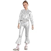 FEESHOW Kids Girls Metallic Long Sleeve Jacket with High Waist Bell-bottoms Pants for Jazz Dance Performance Competition