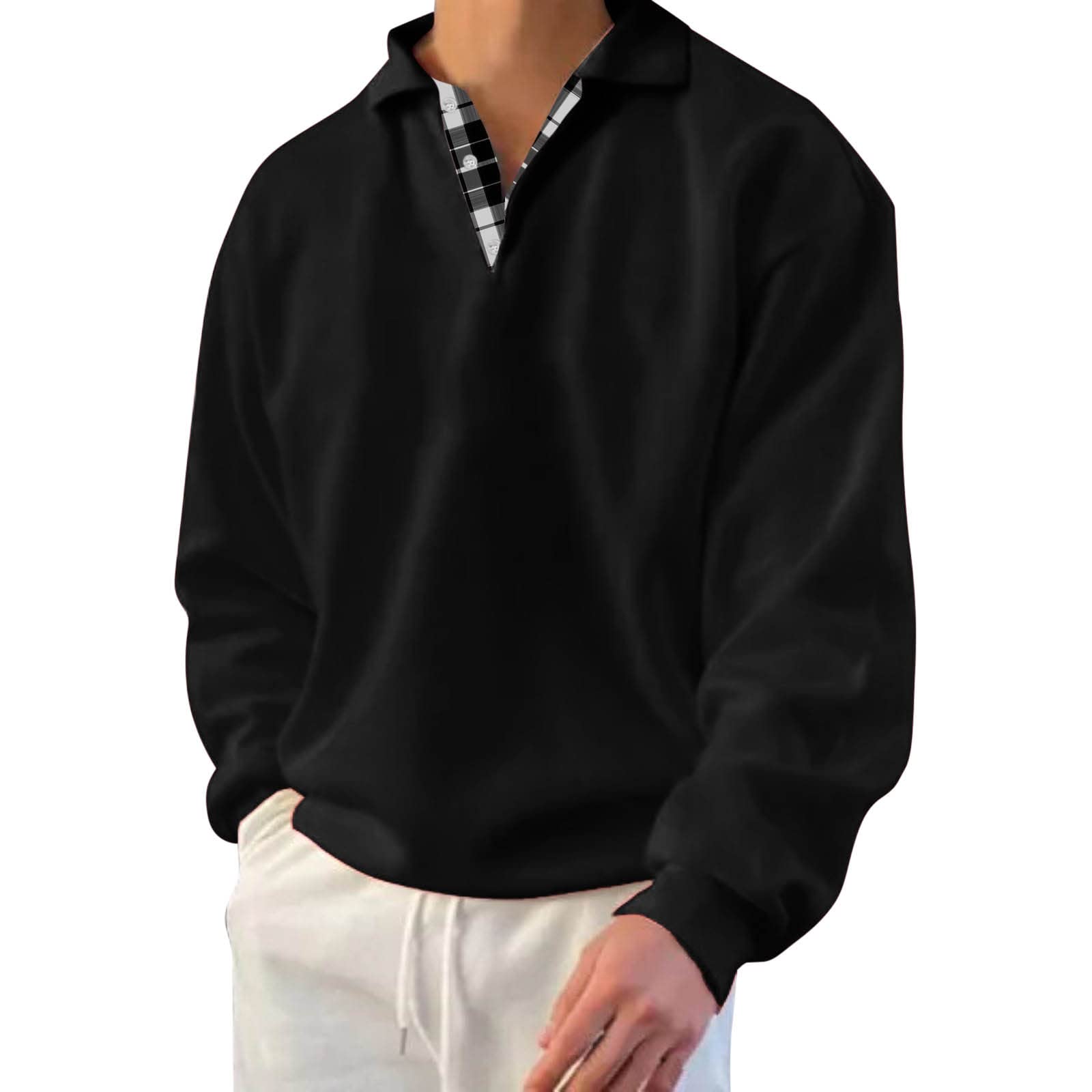 Men's Long Sleeve Polo Shirts Regular Fit Plaid Collar Cotton Golf T-Shirts 2022 Fall Winter Casual Sweatshirt Top