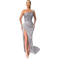 Bodycon Prom Dress Strapless Evening Dress with Asymmetrical Neckline Long Sequin Formal Dress with Slit