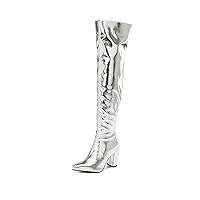 Women's Metallic Thigh High Boots Pointed Toe Over The Knee High Boots Party Prom Chunky High Heels Side Zipper