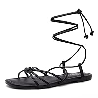Shoe Land Womens Flashh Flat Strappy Lace Up Sandal Open Toe Comfortable Dressy Gladiator Sandals Tie up Ankle Strap Shoes for Summer