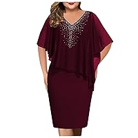 Women Plus Size V Neck Overlay Asymmetric Buttock Dress Chiffon Sequins Dress（S-5XL）