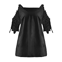 Women Cold Shoulder Lace Patchwork Tops Summer Deep V Neck 3/4 Sleeve Blouses Trendy Sexy Solid Color T-Shirts
