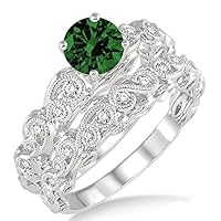 1.25 Carat Emerald & Diamond Infinity Antique Bridal setround cut diamond on 10k White Gold
