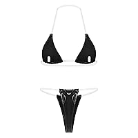 FEESHOW Women Transparent Strap Micro Bikini Sexy Brazilian PU Leather Push Up Clear Strap Thong Swimwear