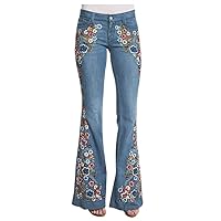 Flare Flared Jeans for Women Trendy Floral Print Western Wide Leg Boot Cut Denim Pants Stretch Baggy Modern Bootcut