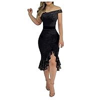 Off Shoulder Dress Womens Summer Slit Ruffle Irregular Hem Trendy Open Back Plain Off Midi A-Line Zipper Dress