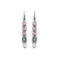 Beaded Silver Metal Chain Link Natural Clear Quartz Crystal Dangle Earrings - Womens Fashion Handmade Jewelry Boho Accessories