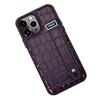 Genuine Leather Case for iPhone 15 Pro Max/15 Pro/15 Plus/15, Crocodile Pattern Phone Case with Extendable Wrist Strap Ultra Thin Cover,Purple,15 Plus''