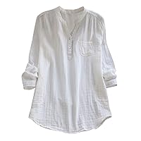 Women's Linen Shirts Casual Loose V Neck Half Button Down Tunic Tops Plain Basic Solid 3/4 Sleeve Summer Blouse with Pocket