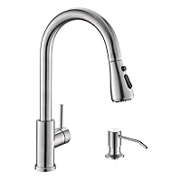 Kicimpro Kitchen Sink Faucet with Soap Dispenser, 3 Modes Kitchen Faucet with Pull Down Sprayer and Soap Dispenser, 304 Stainless Brushed Nickel Single Handle Kitchen Bar Faucets with Water Lines