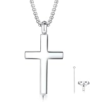 Cremation Urn Cross Necklace For Ashes White Gold Plated 925 Solid Sterling Silver Pendant Cremation Jewelry For Men Boys, With Strong Stainless Steel Box Chain 24 Inch