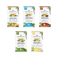 Miracle Tree - Organic Moringa Superfood Tea, 5 Pack Bundle, 5x25 Individually Sealed Tea Bags (Honey & Vanilla, Original, Rooibos, Green Tea, Lemon & Chamomile)