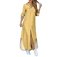 Women's Lapel Buttons Dress Midi Length Sexy Slit Shirt Dresses Long Sleeve Midi Summer Sundresses