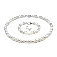 JYX Pearl Necklace Set AAA Quality Round Natural White Cultured Freshwater Pearl Necklace Bracelet and Earring Set