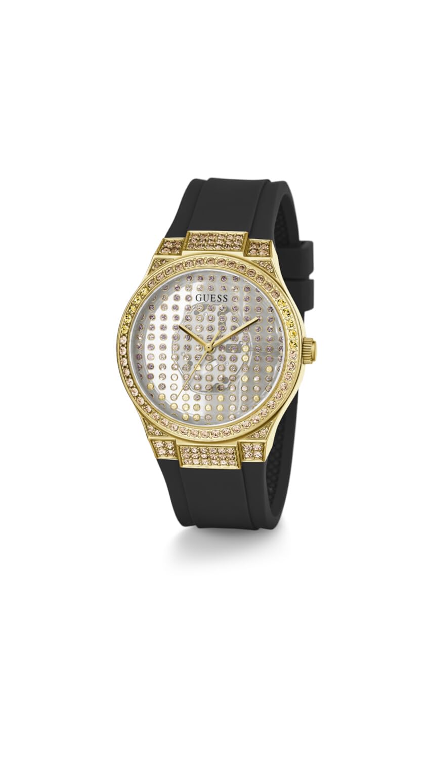 GUESS US Women's Clear Gold-Tone and Black Silicone Analog Watch